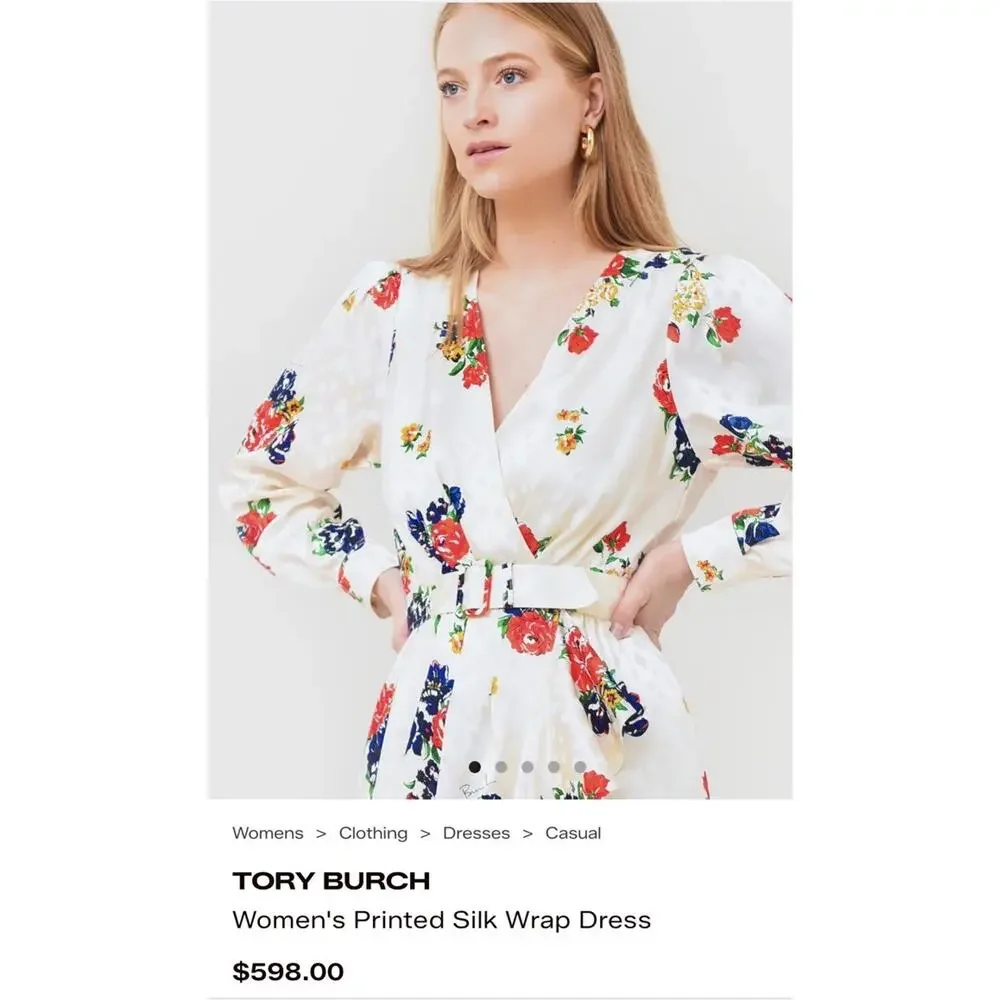 Tory Burch Printed Silk Wrap Dress Ivory Tea Rose Size 8 Floral Luxury Ruffle